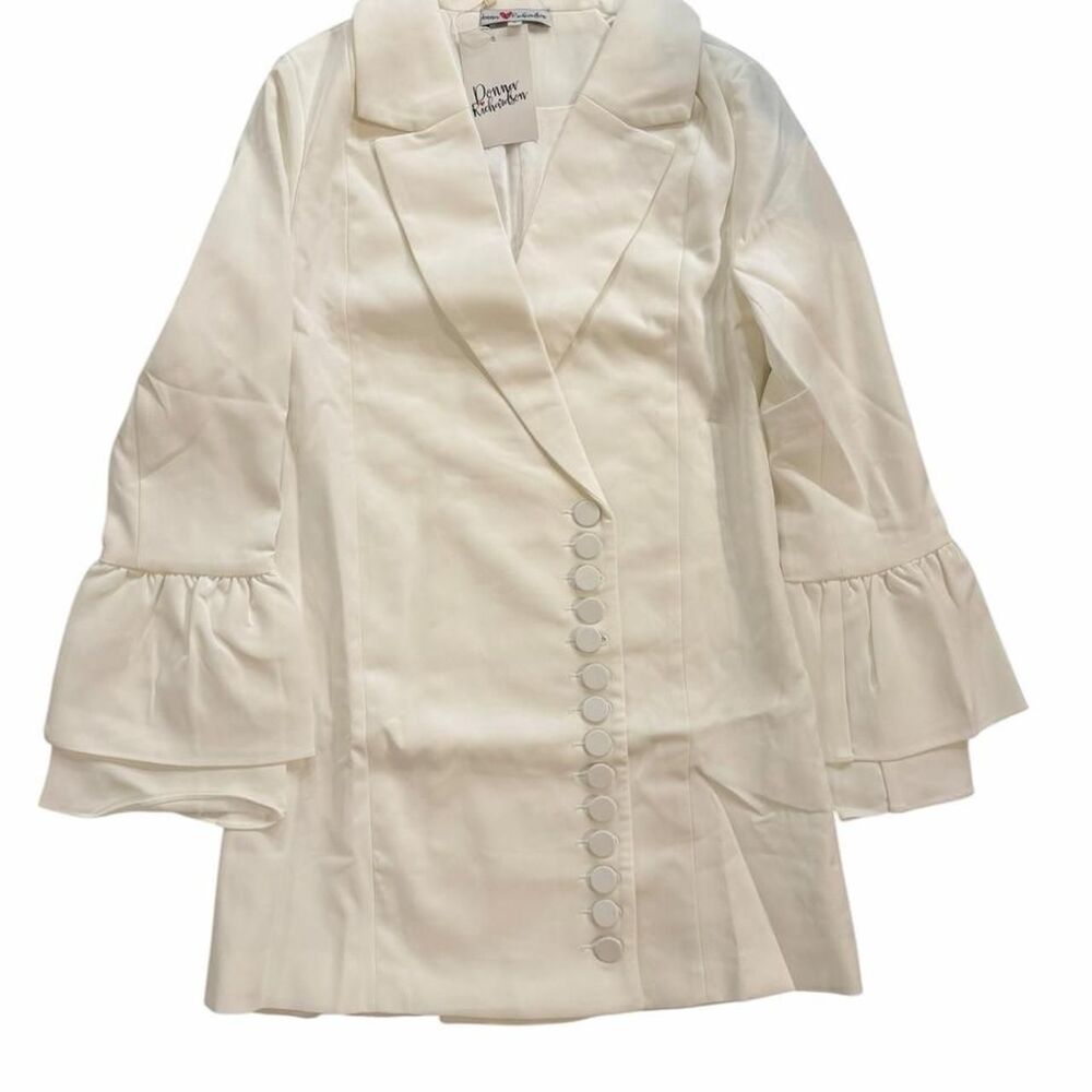 Donna Richardson White blazer dress with ruffled sleeves and button-up front